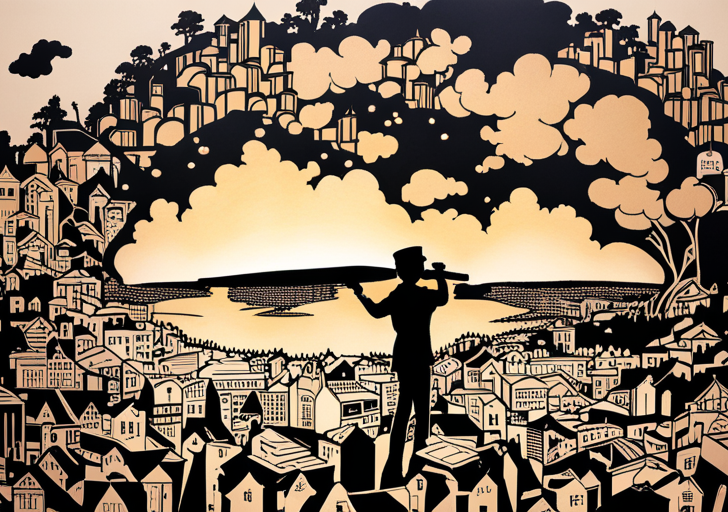 Silhouette of an author, pen in hand, with a collage of various life scenes (childhood, travel, relationships, education) flowing from the pen onto an open book