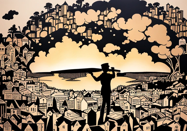 Silhouette of an author, pen in hand, with a collage of various life scenes (childhood, travel, relationships, education) flowing from the pen onto an open book
