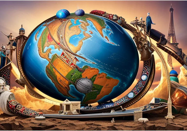 E depicting a globe surrounded by various cultural symbols, like the Eiffel Tower, a Chinese dragon, an Egyptian pyramid, and a Maasai warrior, with airplanes and tourists admiring these symbols