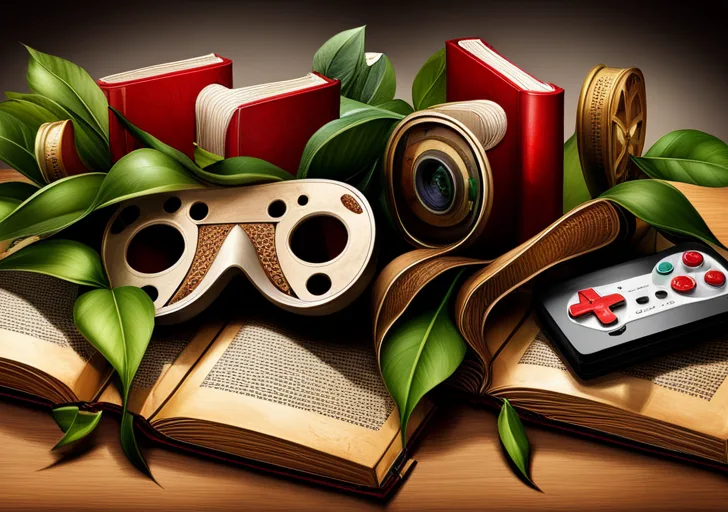 E showing a book, a film reel, a video game controller, and a theater mask, all entwined with a vine where each leaf is a different story genre icon