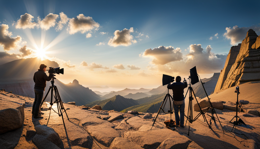 S film crew members working diligently on a documentary set, with cameras, sound equipment, and lighting, capturing a thought-provoking scene on a richly detailed, global backdrop