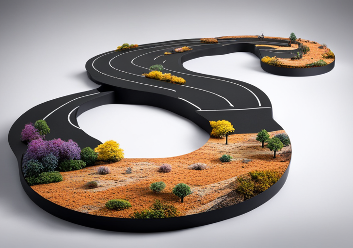 Se two contrasting paths: a winding, diverse trail with diverse landscapes representing a 'career path' and a straight, monotonous road symbolizing a 'job'