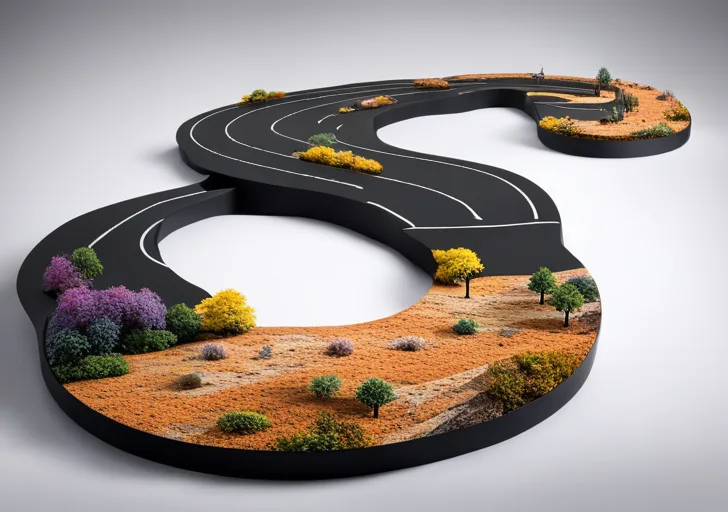 Se two contrasting paths: a winding, diverse trail with diverse landscapes representing a 'career path' and a straight, monotonous road symbolizing a 'job'