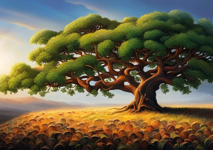 An image of an old, gnarled tree with diverse books growing as fruits and a young sapling beside it, absorbing sunlight