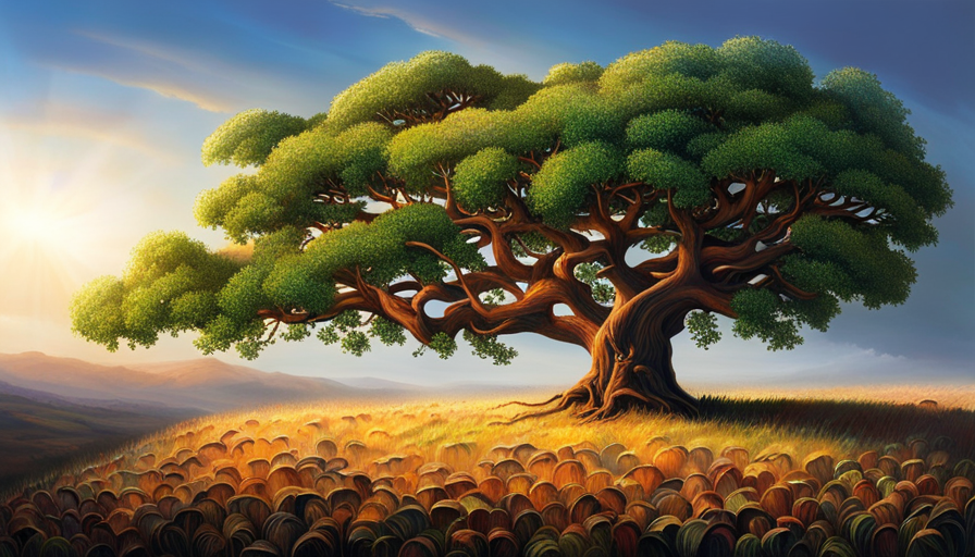 An image of an old, gnarled tree with diverse books growing as fruits and a young sapling beside it, absorbing sunlight