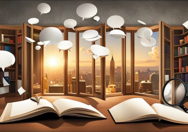  book with blank pages, a magnifying glass hovering over a page, surrounded by a scatter of various sized empty speech bubbles, all set against a serene library background
