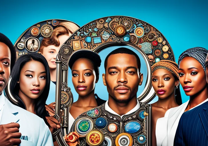 Ge of a diverse group of people each holding a mirror reflecting their unique characteristics, surrounded by symbolic icons representing personality traits like creativity, ambition, kindness, and intelligence