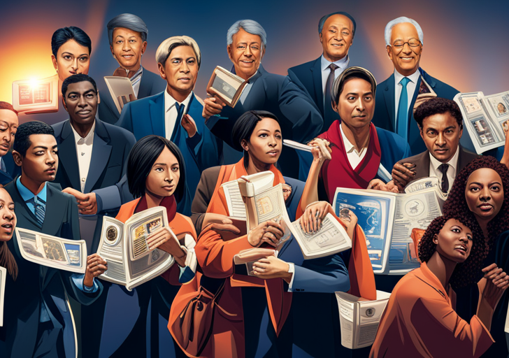 Ge featuring diverse individuals engaged in political debates, holding newspapers and devices displaying various global political symbols, with scattered books on politics in the background