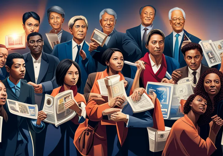 Ge featuring diverse individuals engaged in political debates, holding newspapers and devices displaying various global political symbols, with scattered books on politics in the background