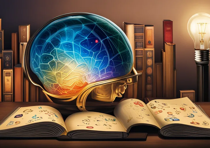 Ate a brain filled with symbols of various disciplines: books, mathematical equations, historical artifacts, a globe, musical notes, a coding screen, and scientific elements, all illuminated by a lightbulb