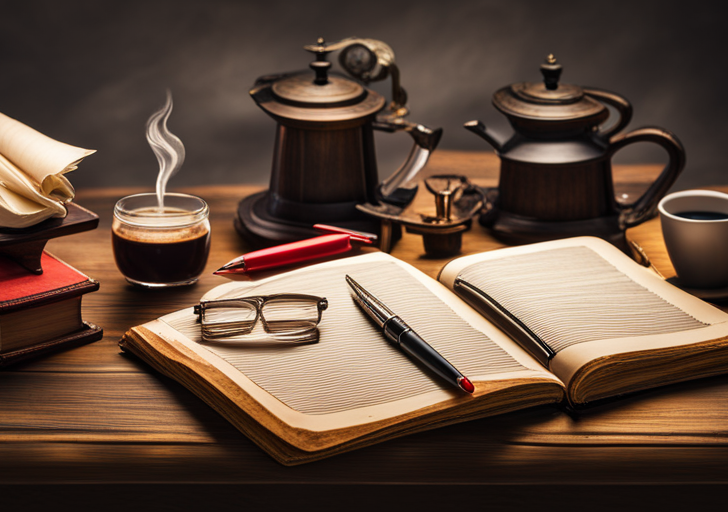 N laptop displaying a formatted manuscript, a coffee cup, pair of reading glasses, a red pen and a stack of neatly arranged papers on an antique wooden desk