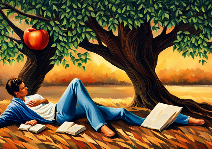 Ge of a person sitting under a tree, engrossed in reading a book, with multiple other books scattered around and an apple, symbolizing knowledge, hanging from the tree above