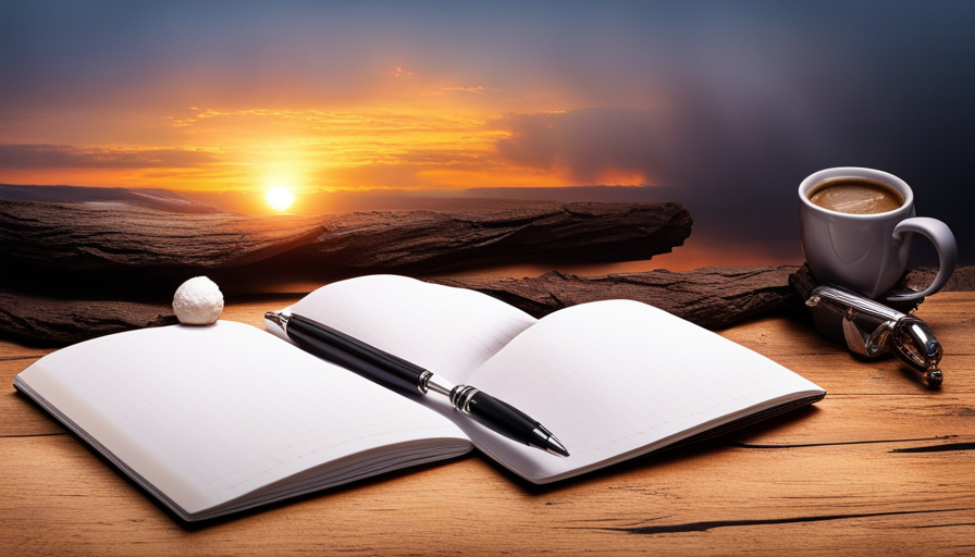 N, blank notebook under a dim lamp, a poised fountain pen, a steaming coffee cup, and crumpled paper balls scattered around, all set on a rustic wooden table, with a tranquil sunrise backdrop