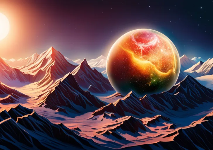 Ate a hand delicately crafting miniature mountains, forests, cities, and oceans on a floating globe, surrounded by cosmic stars, symbolizing the intricate process of worldbuilding