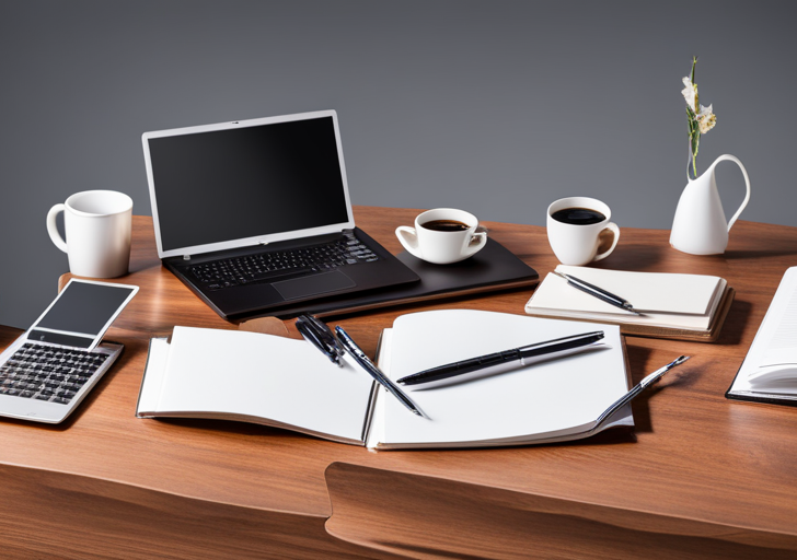 N elegant desk setup with a professional writing set, a laptop, a cup of coffee, a stack of business books, and a mirror reflecting the person writing