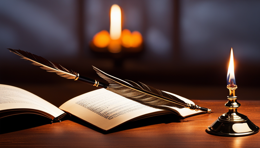 E of a quill pen, resting beside a closed vintage book with gold-trimmed pages, on a mahogany desk