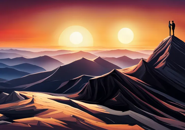 An image of a person standing on top of a mountain, holding a globe, with various famous landmarks from around the world visible in the background, bathed in the light of a sunset