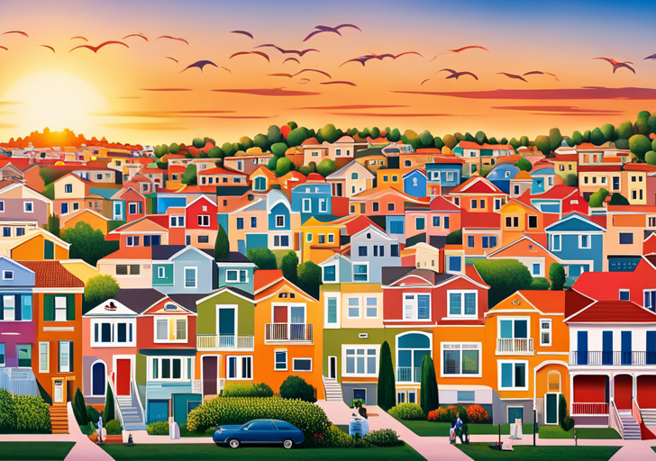 E showcasing diverse individuals gazing at a sunrise over a suburban neighborhood, with symbols of prosperity like an affordable home, a quality education, and a prosperous job