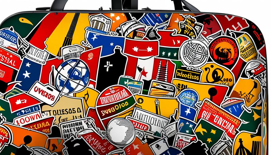 An image showing diverse luggage stickers from worldwide landmarks, a globe, a camera, local foods, traditional clothing, and a collage of famous international festivals, all layered in a suitcase