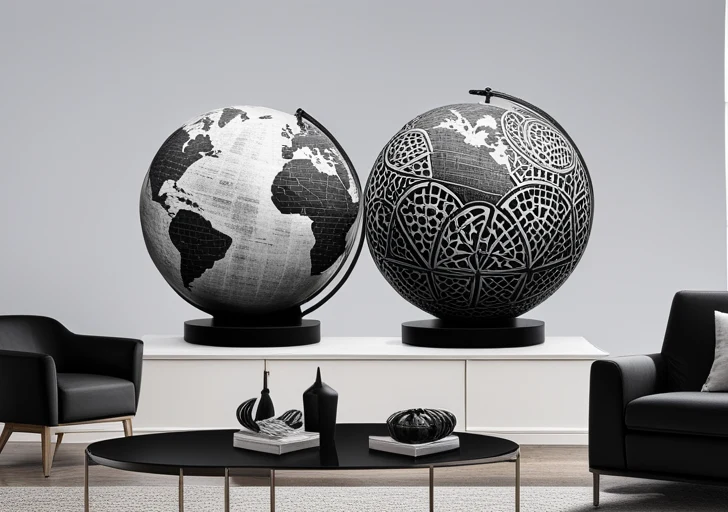  three globes: one with black and white sketches of traditional cultural symbols, the second showing modern urban scenes, the third merging both