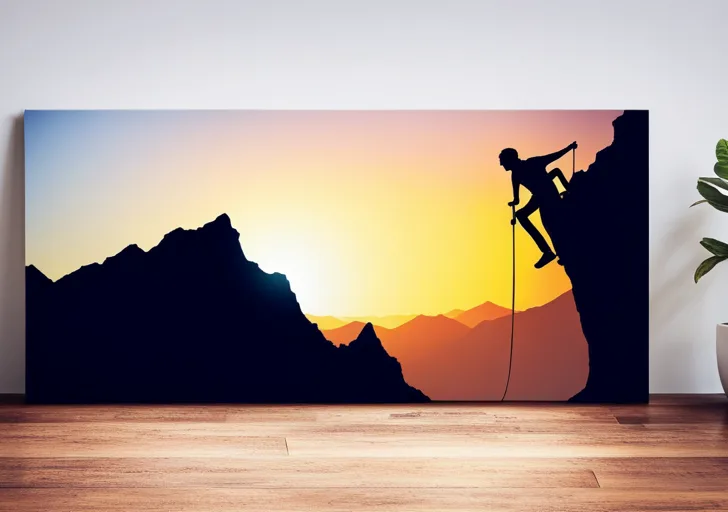 An image featuring a silhouette of a person climbing a steep mountain with a sunrise in the background, symbolizing the journey and struggle of ambition in life