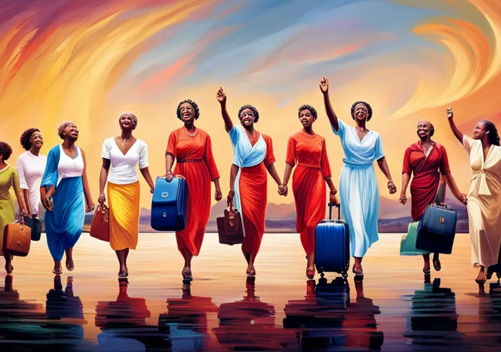 An image featuring seven diverse individuals, each carrying a suitcase and displaying emotions of joy, enlightenment, relaxation, confidence, creativity, cultural understanding, and global awareness