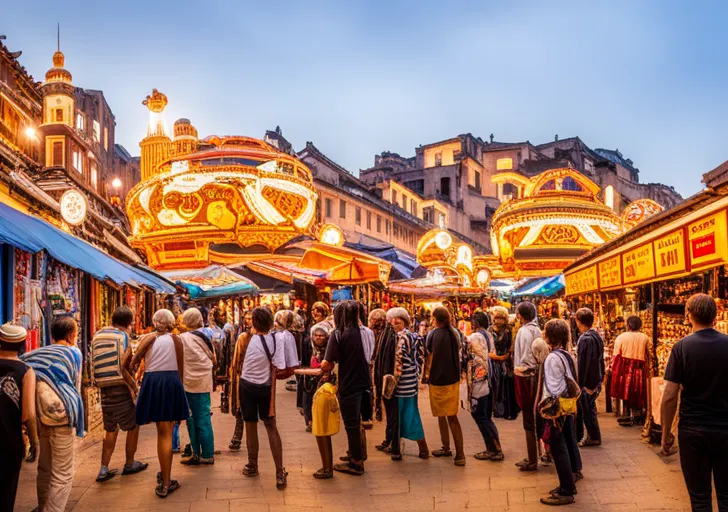 Ay of diverse tourists exploring traditional markets, historical landmarks, and participating in local festivals, contrasted with overcrowded sites and environmental degradation