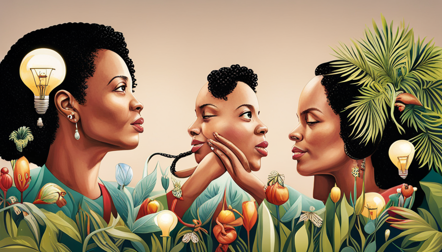 Ate two individuals engaged in a conversation, one attentively leaning in, nodding, and maintaining eye contact, while surrounded by symbols of positivity like light bulbs and growing plants