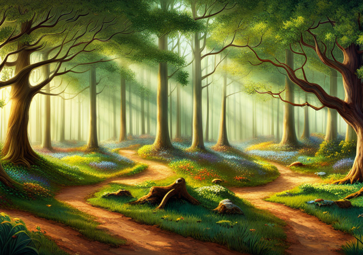 An image with diverging paths in a lush, sunlit forest, each path labelled with various occupational symbols like a stethoscope, gavel, paintbrush, calculator, etc