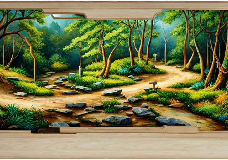 Ersecting crossroad in a dense forest, each path represented by different professional tools like a stethoscope, gavel, paintbrush, microscope, and briefcase