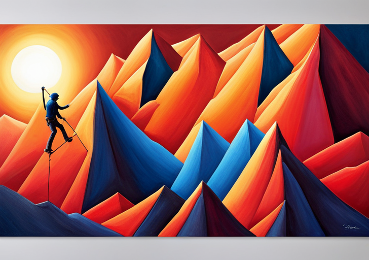 An image of a person climbing a vivid, gradient-hued mountain, transitioning from cool blues at the bottom to intense reds at the peak, under a radiant golden sun