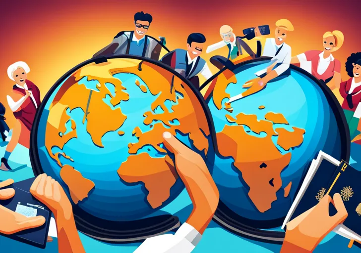 An image with a diverse group of happy individuals, backpacks on, pointing at a globe