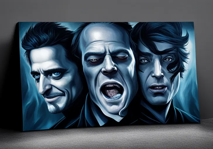  an image featuring a psychopath's face, split in half; one side cold, emotionless, with icy-blue eyes, the other displaying a smoky, sinister smile, reflecting a dangerous, deceptive charm