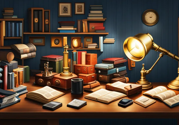 a person wearing glasses, engrossed in a thick science book, surrounded by computers, comic books, and a telescope, all illuminated by a desk lamp in a cozy, cluttered room