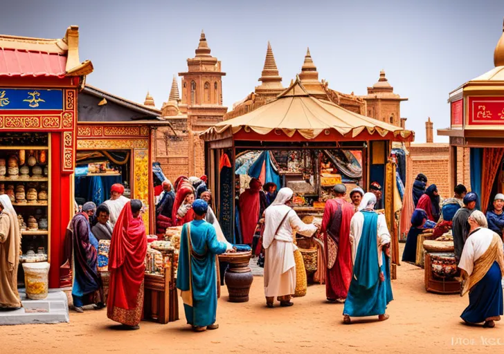  a bustling ancient Silk Road market, with diverse traders exchanging goods like silk, spices, and porcelain, highlighting the cultural interactions between the East and West