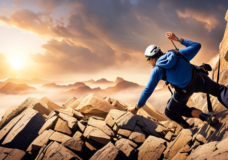 Ain climber, blindfolded, struggles up a steep, rocky peak