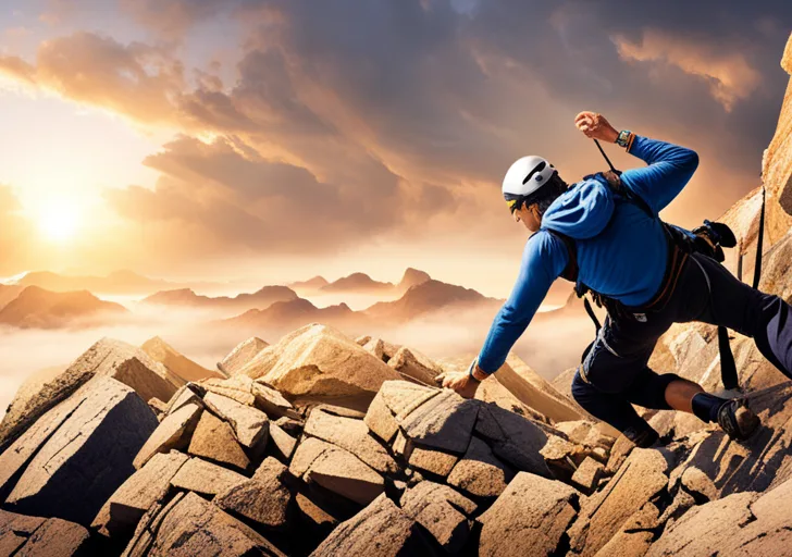 Ain climber, blindfolded, struggles up a steep, rocky peak