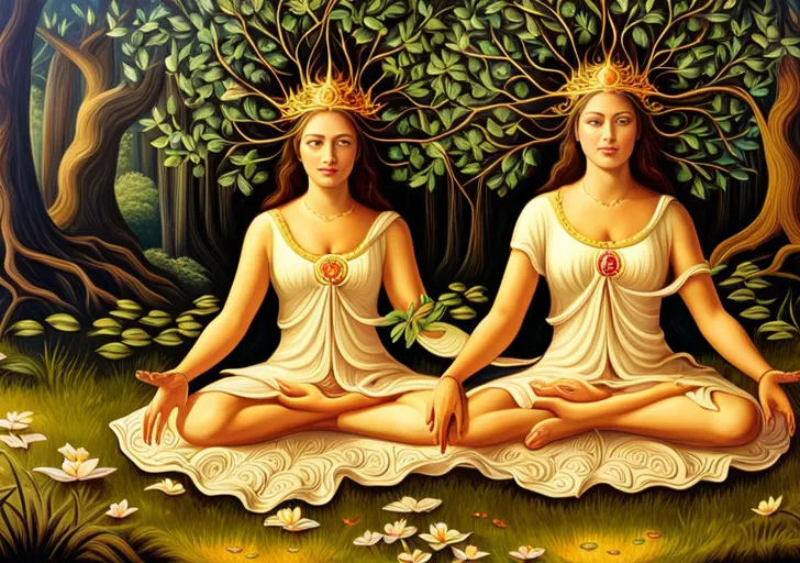 Real figure meditating in a serene forest, bathed in golden light, with a radiant crown of intertwined olive branches and a cosmic swirl of stars emanating from their third eye