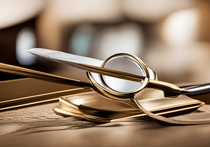 Ge of a scale perfectly balanced, one side holding a quill pen and the other a magnifying glass, symbolizing the balance between showing and telling in a narrative