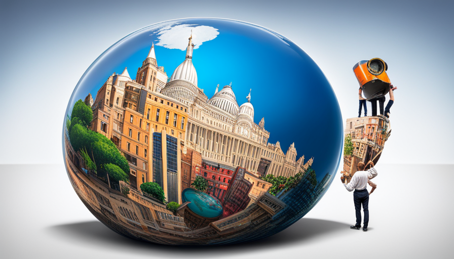 Ate an overflowing globe-shaped trash can with iconic landmarks, a crowd of tourists, and a manager juggling multiple tasks like tickets, scheduling, and a compass