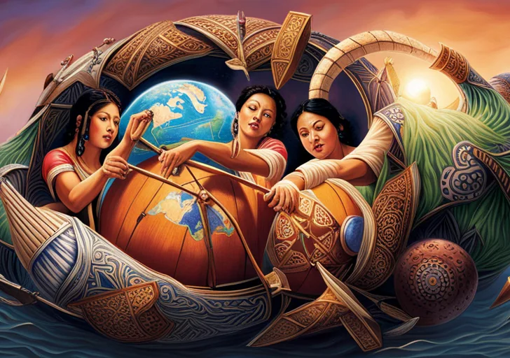 Ate a globe with diverse ethnic hands branching out, each holding symbols of different cultures, such as a shamisen, a baguette, an African mask, an Indian sitar, and an Australian boomerang
