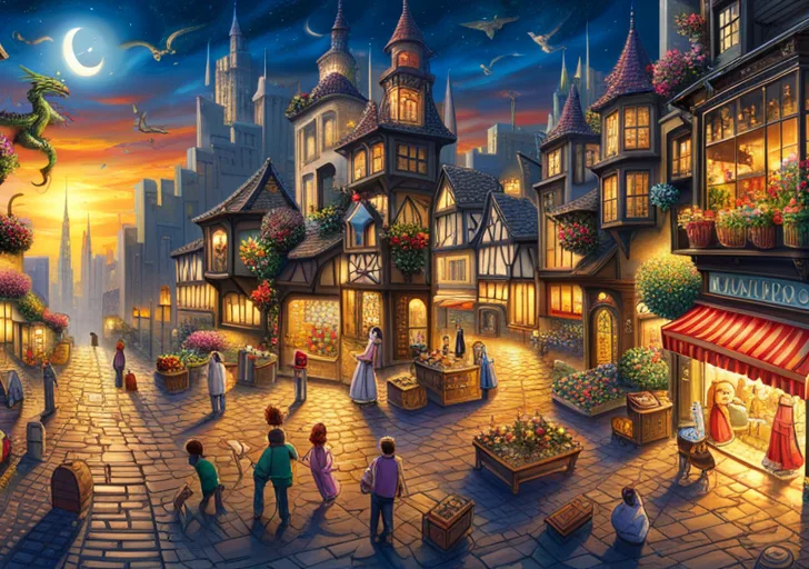 Ate a jumbled jigsaw puzzle with pieces showing fragments of a story - a dragon, a castle, a modern city, a space rocket - symbolizing nonlinear narrative