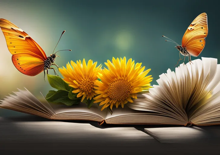 An image featuring a caterpillar transforming into a butterfly, signifying character development, set against the backdrop of an open, dog-eared book