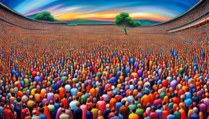 An image featuring a large, diverse crowd of people, each displaying different emotions, with the majority subtly expressing contentment or happiness