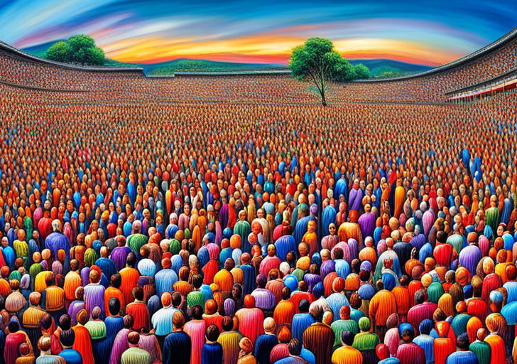 An image featuring a large, diverse crowd of people, each displaying different emotions, with the majority subtly expressing contentment or happiness