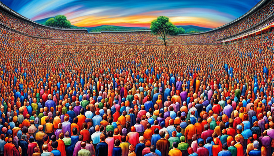 An image featuring a large, diverse crowd of people, each displaying different emotions, with the majority subtly expressing contentment or happiness