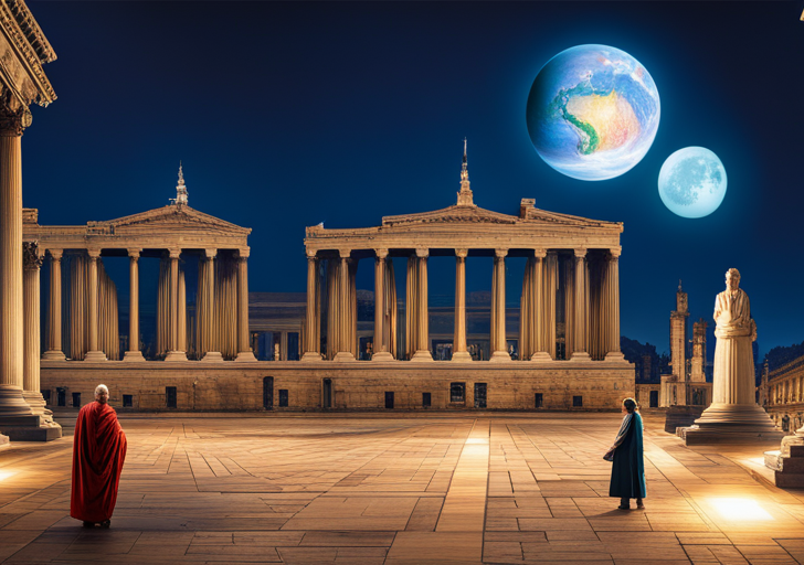 An image featuring an ancient philosopher under a starlit sky, holding a glowing orb symbolizing wisdom, with a reflecting pool nearby showing classical Greek architecture