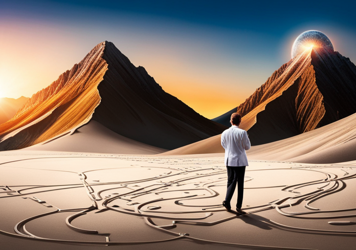 Vidual standing at the base of a mountain, with various paths leading to the peak