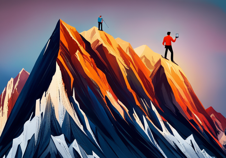 An image of a person standing at the base of a steep, rugged mountain, looking upwards, with various career related tools like a laptop, microscope, paintbrush scattered along the climb