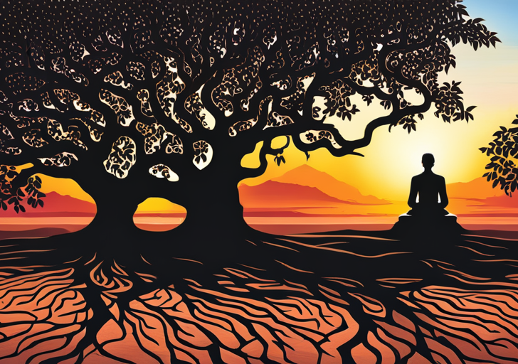 An image of a serene elderly figure, meditating under an ancient, sprawling tree, with a soft sunset in the background, casting long shadows